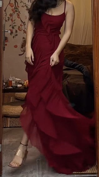 Vestido de fiesta largo de gasa con tirantes finos, corte A, vestido formal de noche ED01543