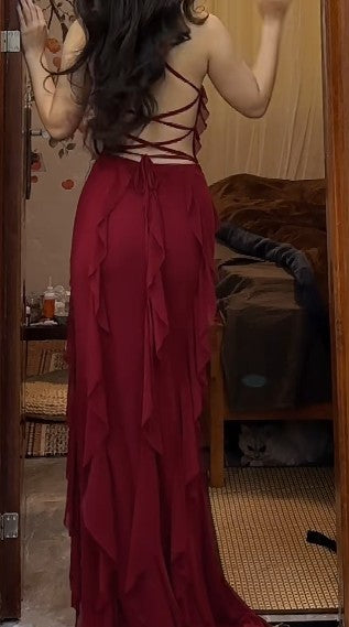 Vestido de fiesta largo de gasa con tirantes finos, corte A, vestido formal de noche ED01543