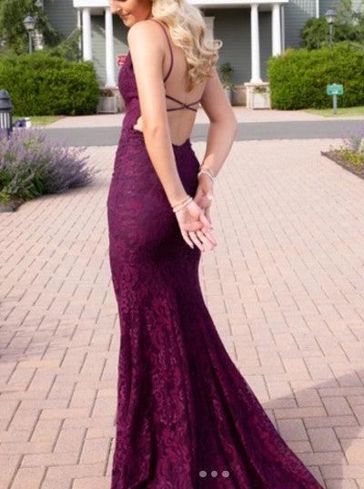 Elegant Mermaid Formal Dresses Under $170💜 Charming Grape Spaghetti Straps Applique Long Backless Prom Dress With Slit ED01559