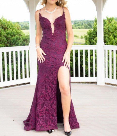Elegant Mermaid Formal Dresses Under $170💜 Charming Grape Spaghetti Straps Applique Long Backless Prom Dress With Slit ED01559