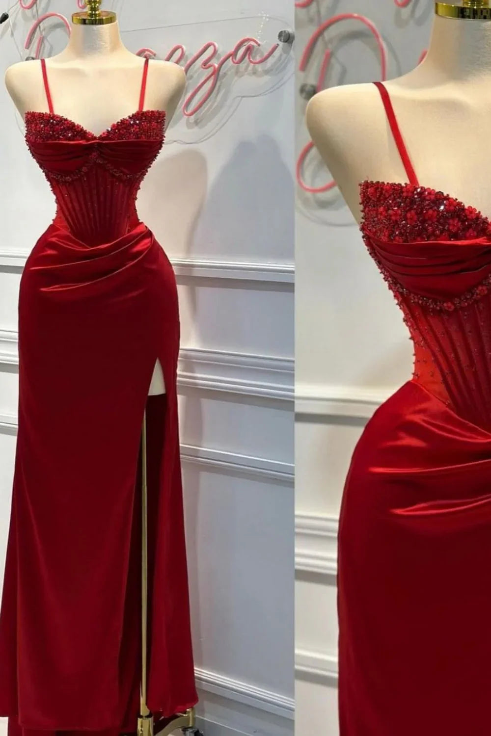 Vestido formal largo de satén con tirantes finos y corte sirena elegante con cuentas ED01569
