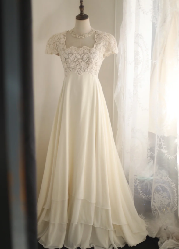 Beige Square Neck Chiffon Lace Empire Dress Long Prom Dress Beaded Wedding Dress ED01583