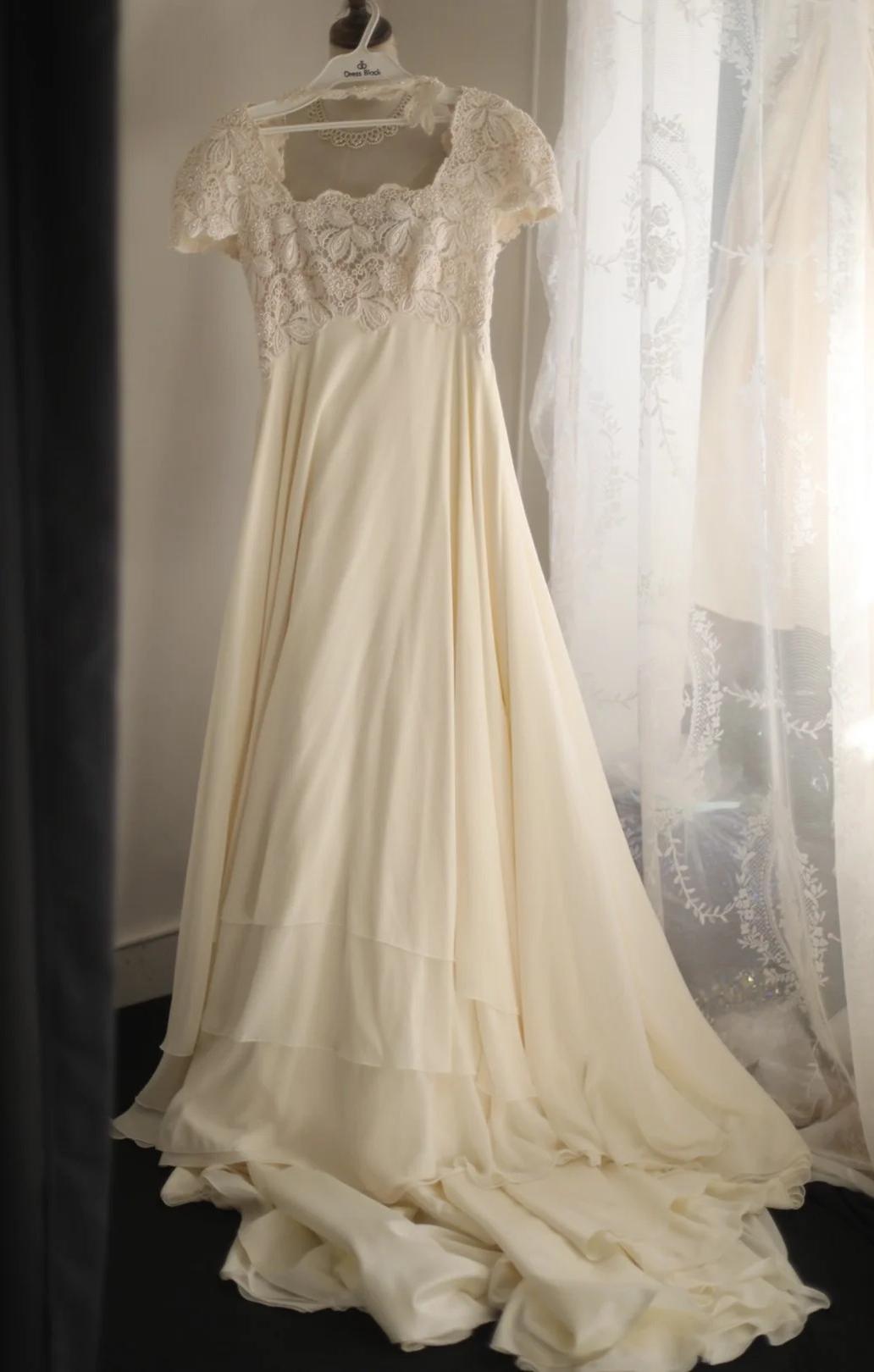Beige Square Neck Chiffon Lace Empire Dress Long Prom Dress Beaded Wedding Dress ED01583