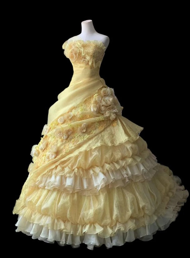 Vestido de novia amarillo dulce, corte A, sin tirantes, de organza, con apliques y pedrería, vestido de noche largo ED01595