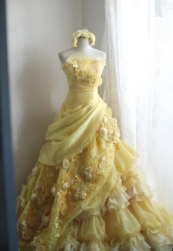 Vestido de novia amarillo dulce, corte A, sin tirantes, de organza, con apliques y pedrería, vestido de noche largo ED01595