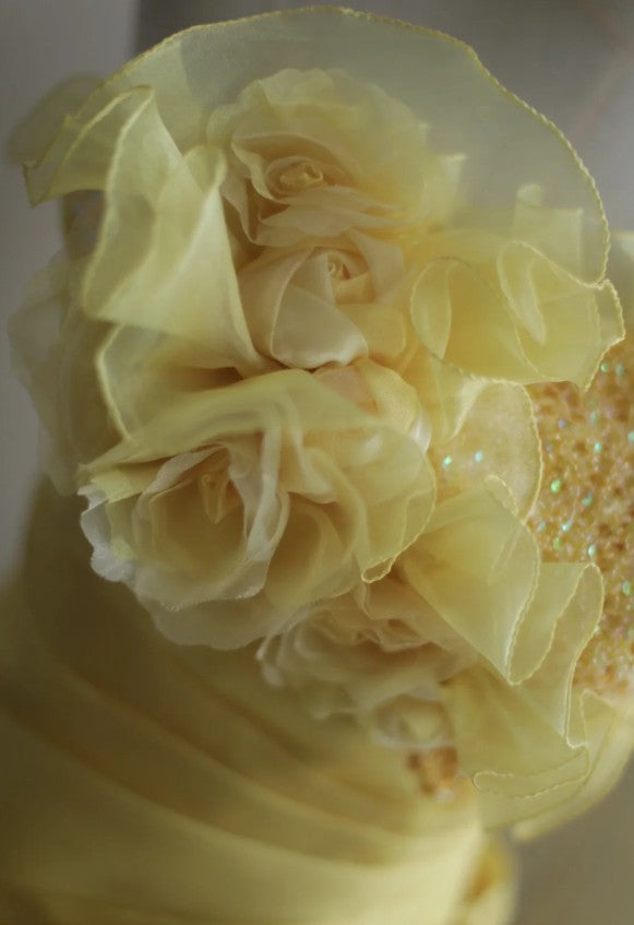 Vestido de novia amarillo dulce, corte A, sin tirantes, de organza, con apliques y pedrería, vestido de noche largo ED01595