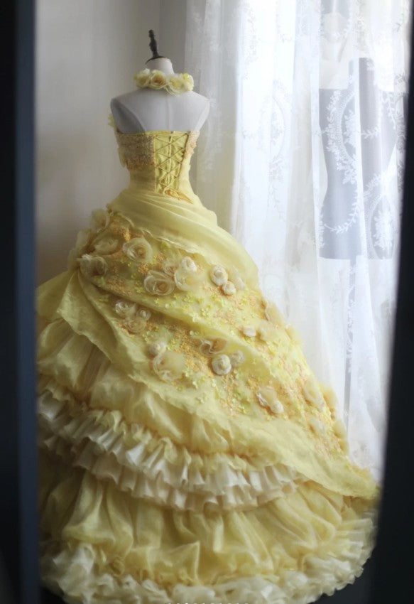 Vestido de novia amarillo dulce, corte A, sin tirantes, de organza, con apliques y pedrería, vestido de noche largo ED01595