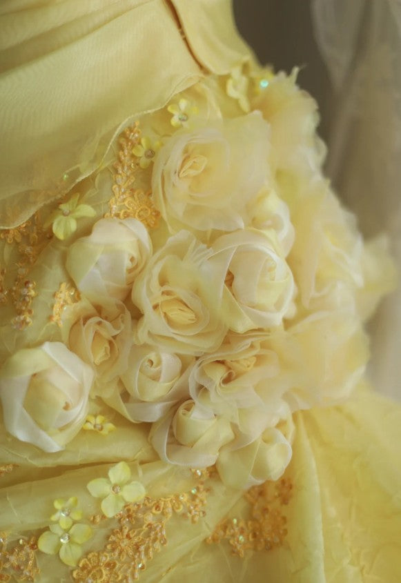 Vestido de novia amarillo dulce, corte A, sin tirantes, de organza, con apliques y pedrería, vestido de noche largo ED01595