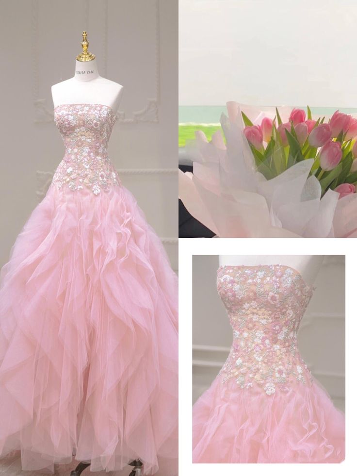 Vestido de fiesta largo de tul con lentejuelas y corte sirena rosa, sin tirantes, para novia, con apliques bordados, ED01612