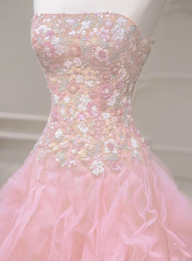 Vestido de fiesta largo de tul con lentejuelas y corte sirena rosa, sin tirantes, para novia, con apliques bordados, ED01612