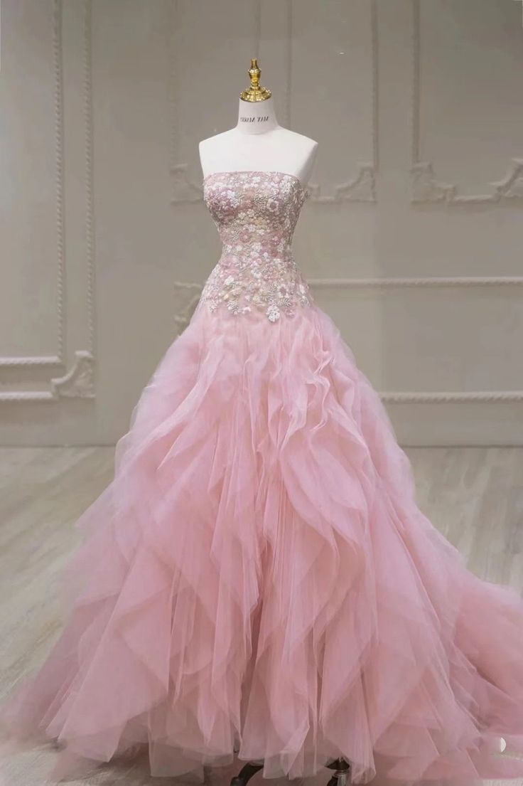 Vestido de fiesta largo de tul con lentejuelas y corte sirena rosa, sin tirantes, para novia, con apliques bordados, ED01612