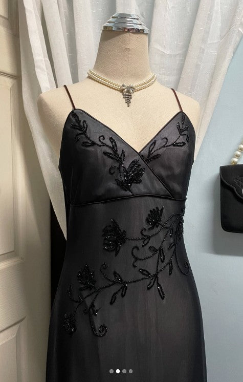 Vestido de fiesta largo de sirena azul marino con tirantes finos, tul y cuentas, escote en V, estilo vintage, ED01616