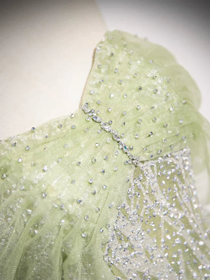 Vestido largo de fiesta de quinceañera con hombros descubiertos, tul brillante y lentejuelas, corte en A, ED01618