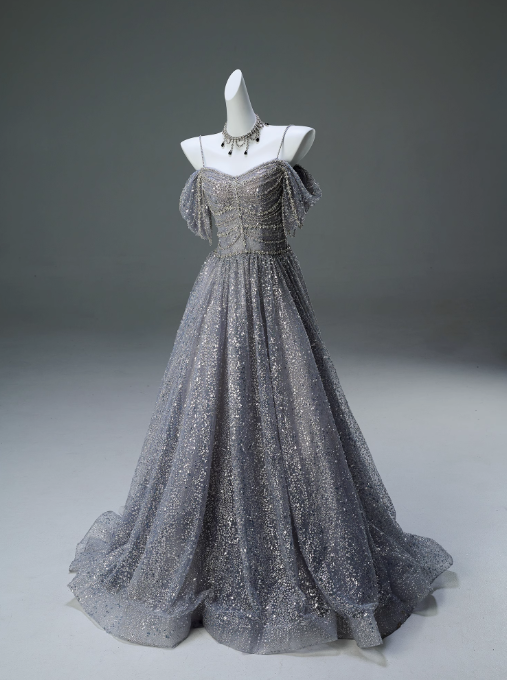 Vestido de fiesta largo de malla con lentejuelas y tirantes finos, corte A, para graduación, ceremonia y adultos, ED01626