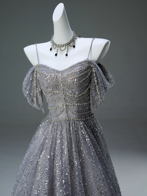 Vestido de fiesta largo de malla con lentejuelas y tirantes finos, corte A, para graduación, ceremonia y adultos, ED01626