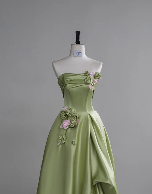 Hermoso vestido de novia largo de satén verde, sin tirantes, corte A, con apliques, ideal para cumpleaños y graduación ED01655