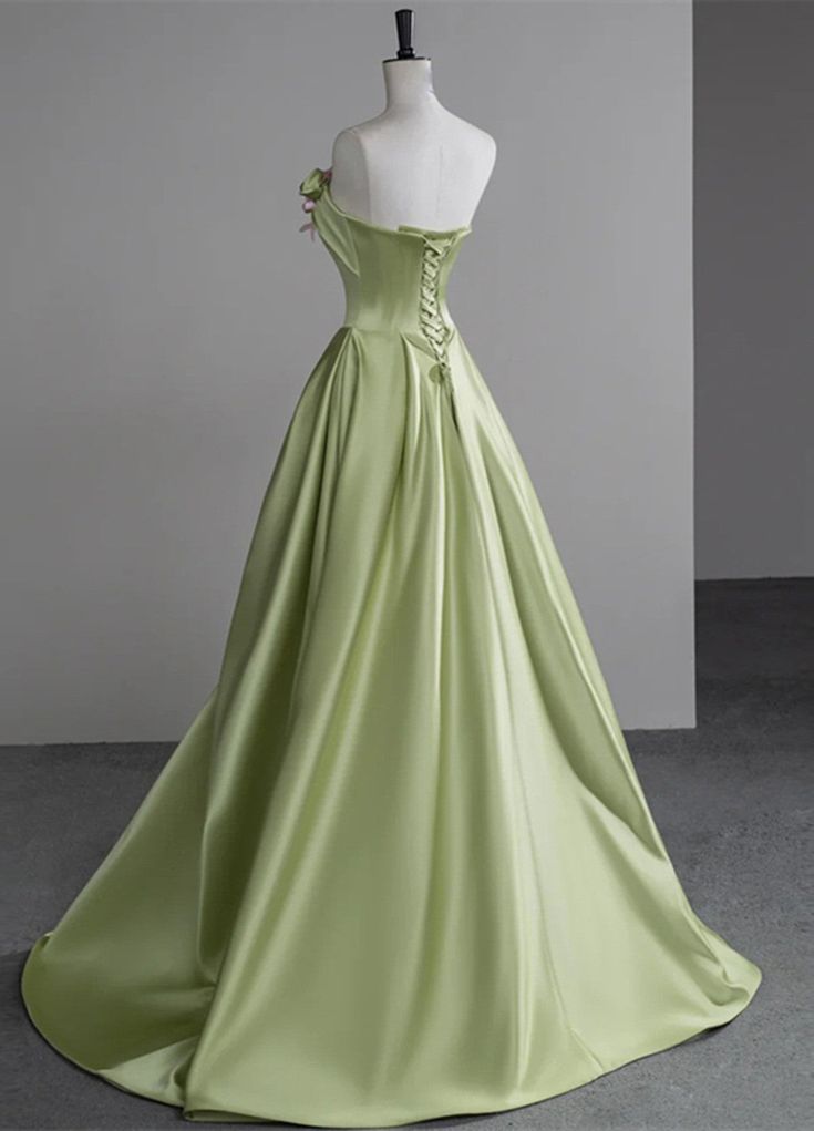 Hermoso vestido de novia largo de satén verde, sin tirantes, corte A, con apliques, ideal para cumpleaños y graduación ED01655