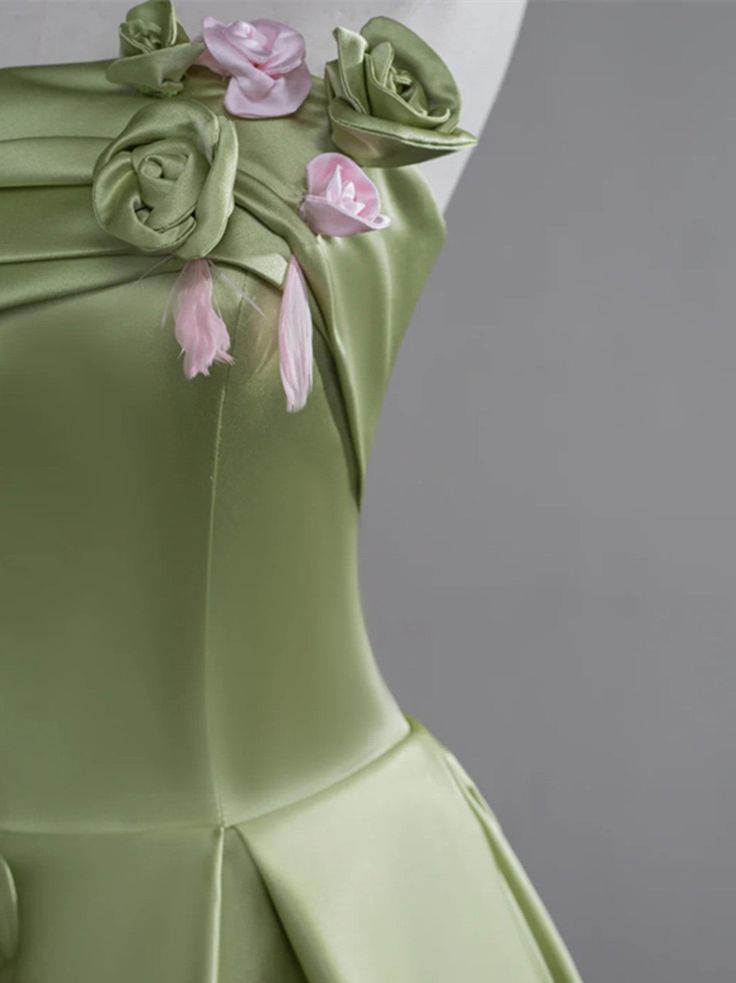 Hermoso vestido de novia largo de satén verde, sin tirantes, corte A, con apliques, ideal para cumpleaños y graduación ED01655