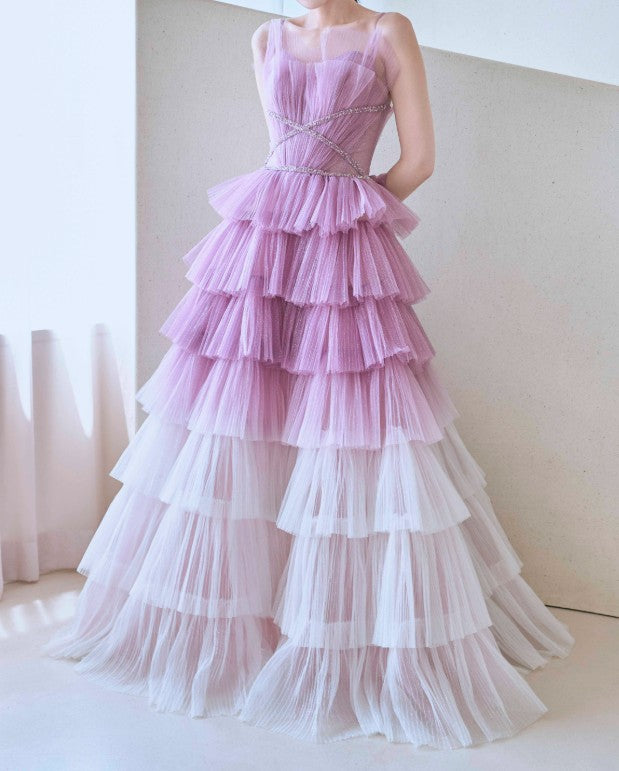 Gradient Purple A-Line Spaghetti Strap Tulle Sequin Long Prom Dresses for Birthday&Graduation ED01672