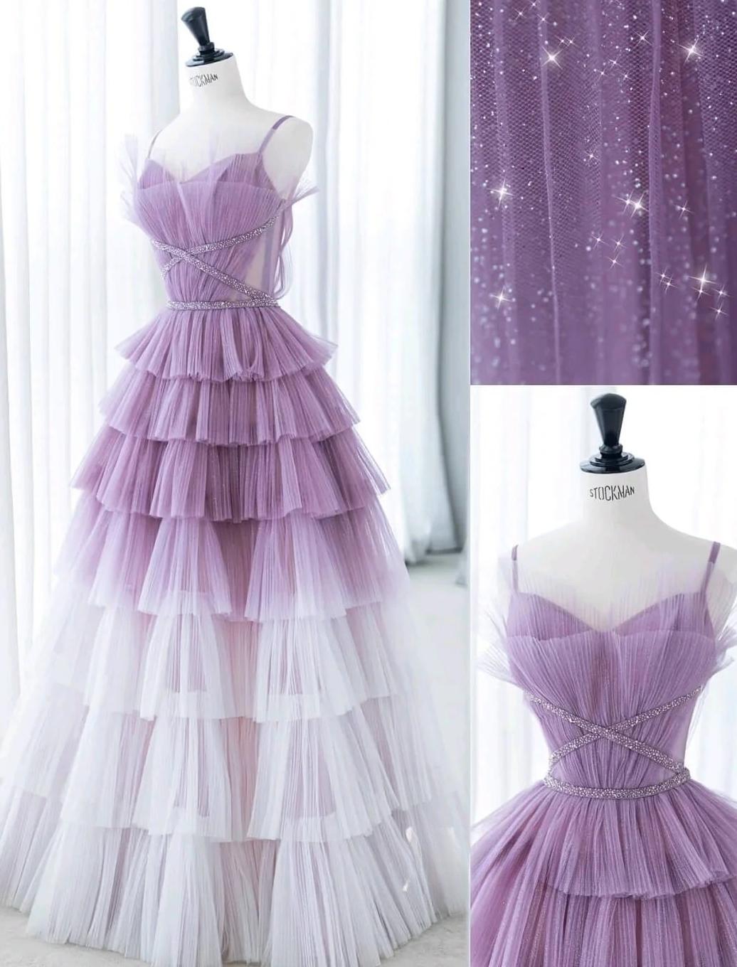 Gradient Purple A-Line Spaghetti Strap Tulle Sequin Long Prom Dresses for Birthday&Graduation ED01672