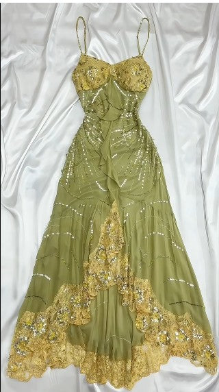 Hermoso vestido verde ajustado con tirantes finos de gasa y lentejuelas, vestido largo de fiesta, vestido de noche ED01673