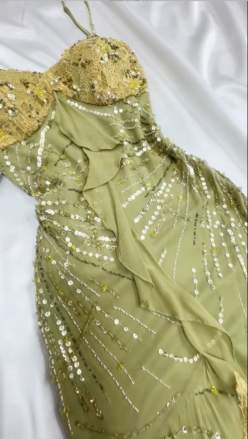 Hermoso vestido verde ajustado con tirantes finos de gasa y lentejuelas, vestido largo de fiesta, vestido de noche ED01673