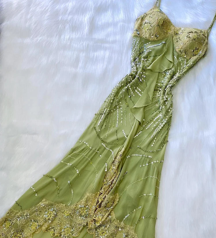 Hermoso vestido verde ajustado con tirantes finos de gasa y lentejuelas, vestido largo de fiesta, vestido de noche ED01673
