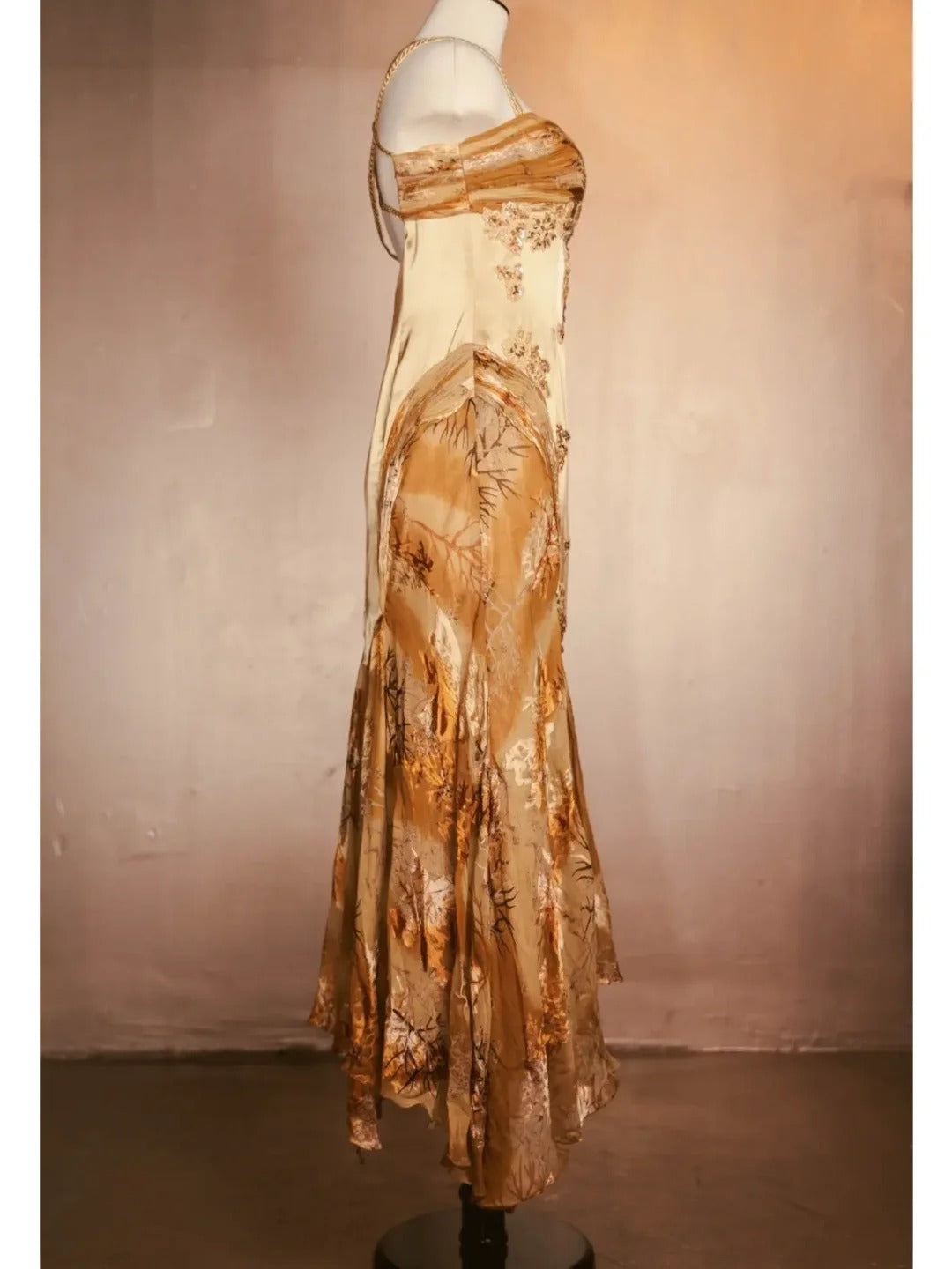 Gold Vintage Floral Satin Applique Spaghetti Straps Chiffon Prom Dresses Party Dresses ED01676