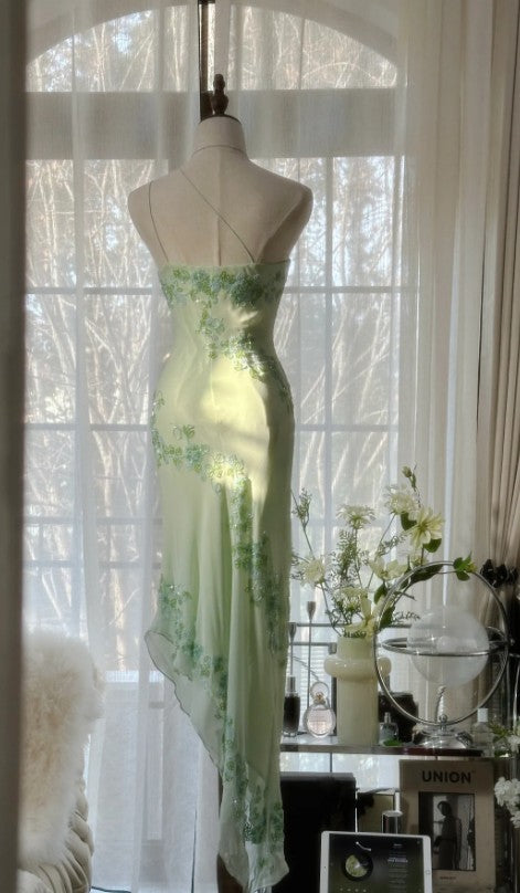 Vestido de fiesta elegante de gasa con un solo hombro, con apliques y cuentas, color verde claro, de cuento de hadas, ED01685