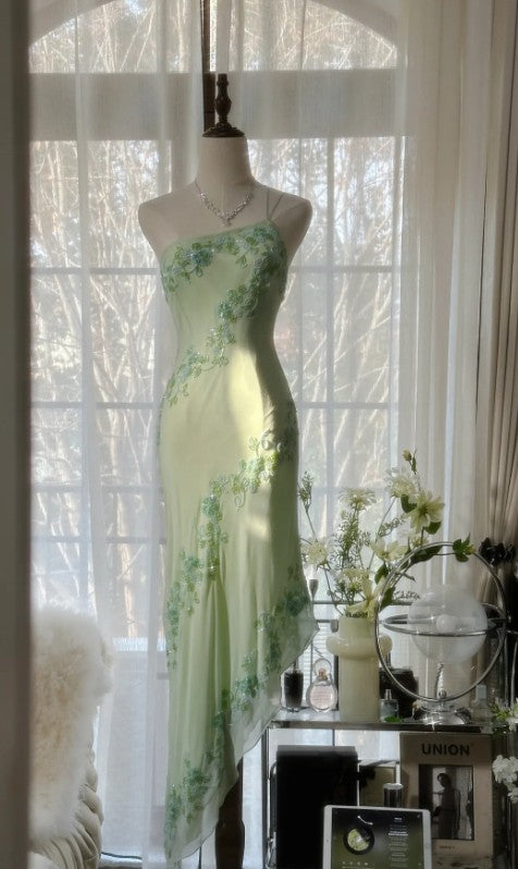 Vestido de fiesta elegante de gasa con un solo hombro, con apliques y cuentas, color verde claro, de cuento de hadas, ED01685