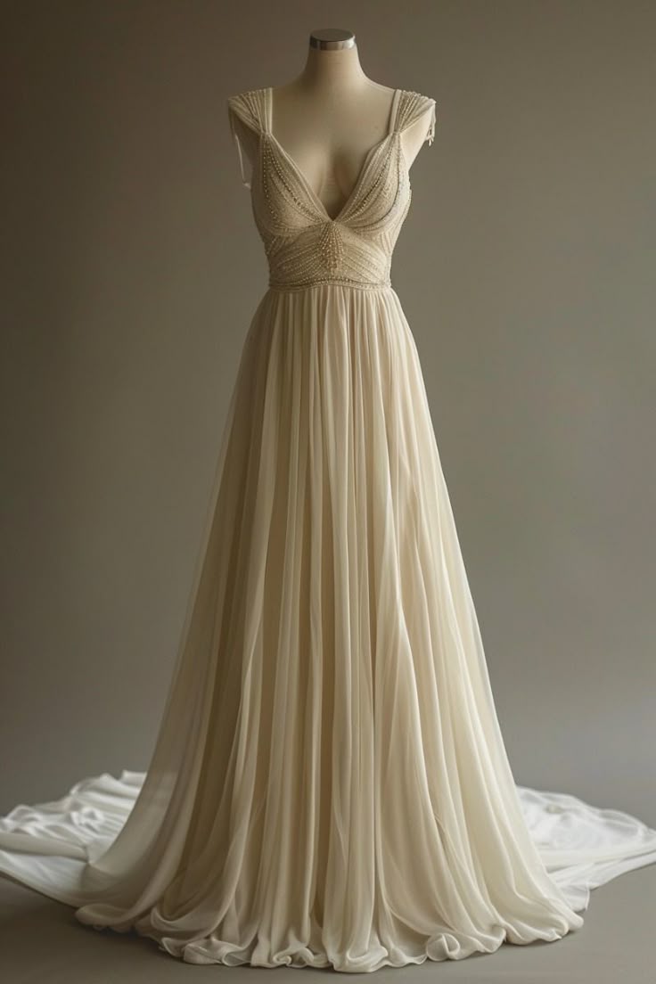 Vestido de fiesta largo de gasa con escote en V y cuentas, corte en A, color blanco roto, sencillo, para dama de honor, ED01696