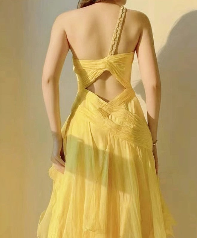 Vestido de fiesta largo de gasa amarillo con corte en A y un solo hombro, con capas, para cumpleaños ED01706