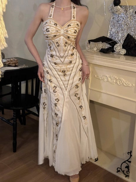 Vestido de fiesta largo vintage de tul con cuello halter y cuentas, estilo sirena, para cumpleaños, ED01710