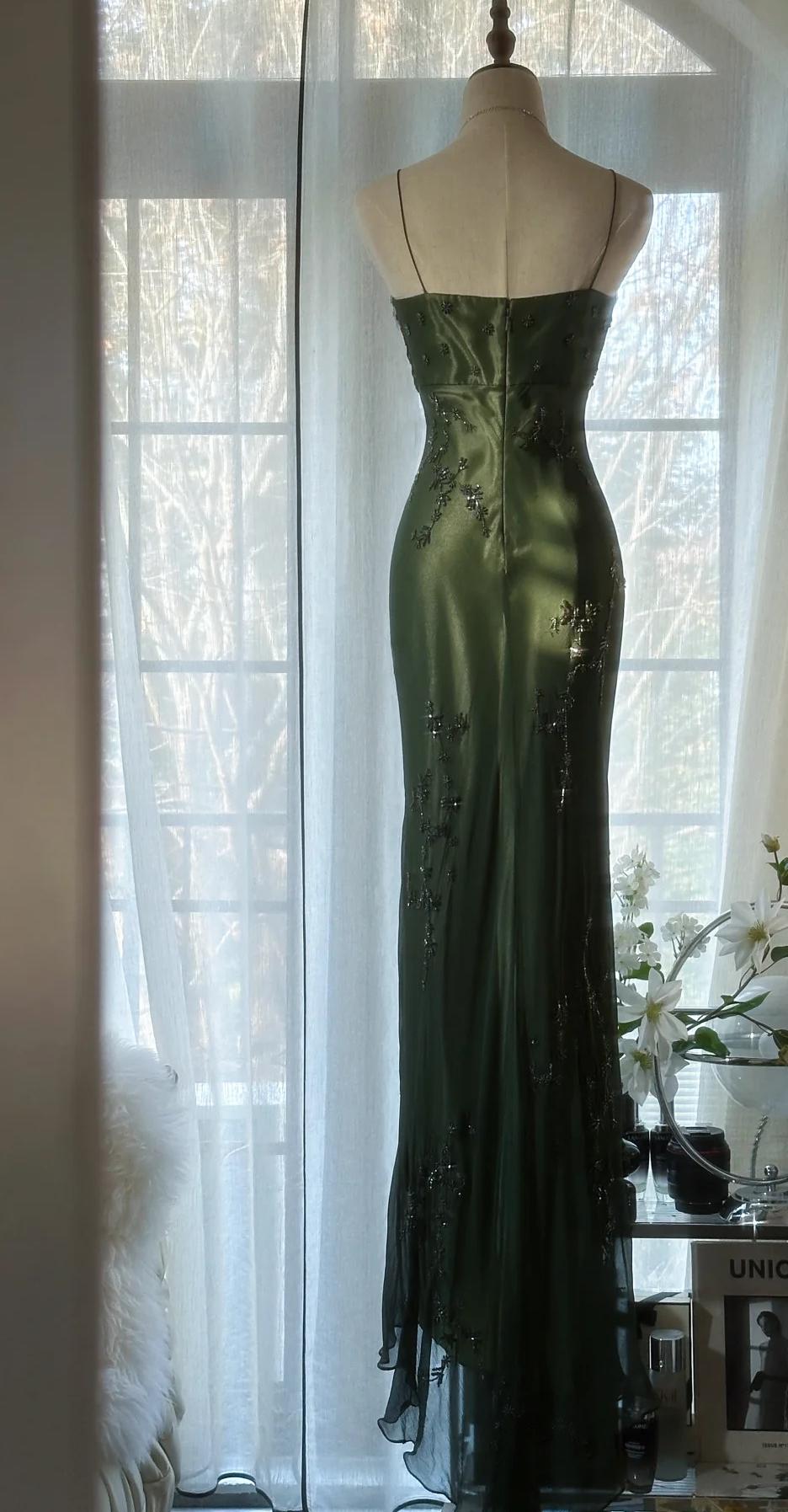 Vintage💚 Forest Green Spaghetti Straps Long Prom Dresses Glitter Chiffon Beaded Elegant Party Dresses ED01717