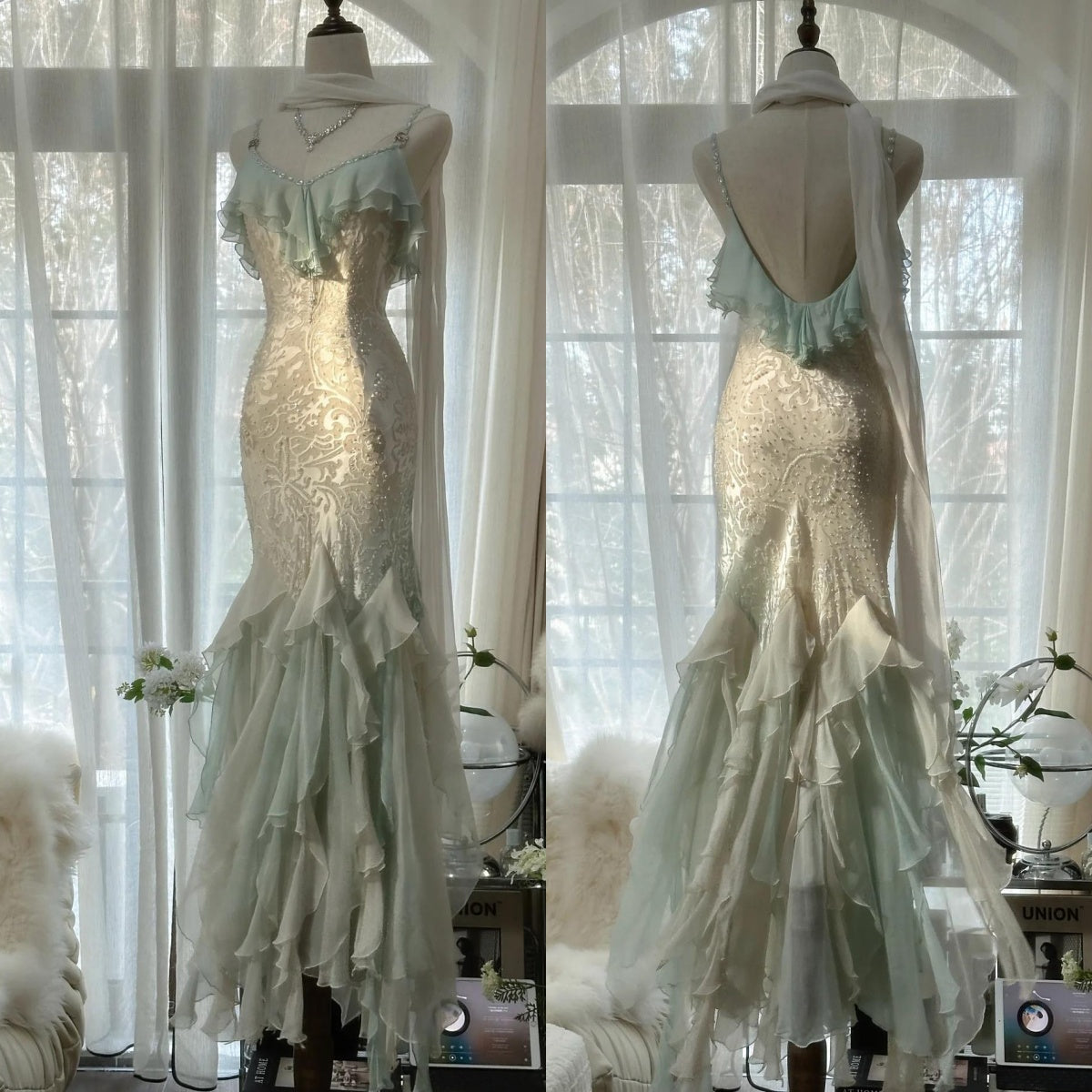 Romantic Vintage Mint Green Chiffon Mermaid Beadwork Long Prom Dress Ruffled Fairytale Graduation Dress ED01725