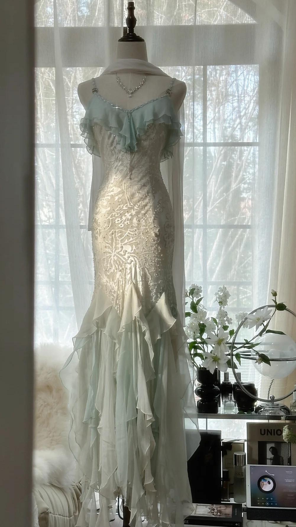 Romantic Vintage Mint Green Chiffon Mermaid Beadwork Long Prom Dress Ruffled Fairytale Graduation Dress ED01725