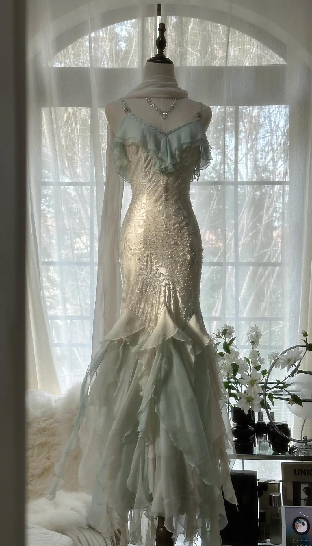Romantic Vintage Mint Green Chiffon Mermaid Beadwork Long Prom Dress Ruffled Fairytale Graduation Dress ED01725