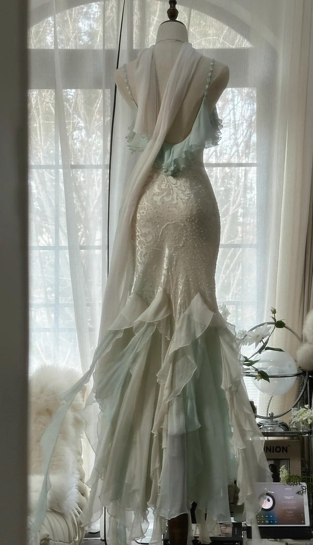 Romantic Vintage Mint Green Chiffon Mermaid Beadwork Long Prom Dress Ruffled Fairytale Graduation Dress ED01725