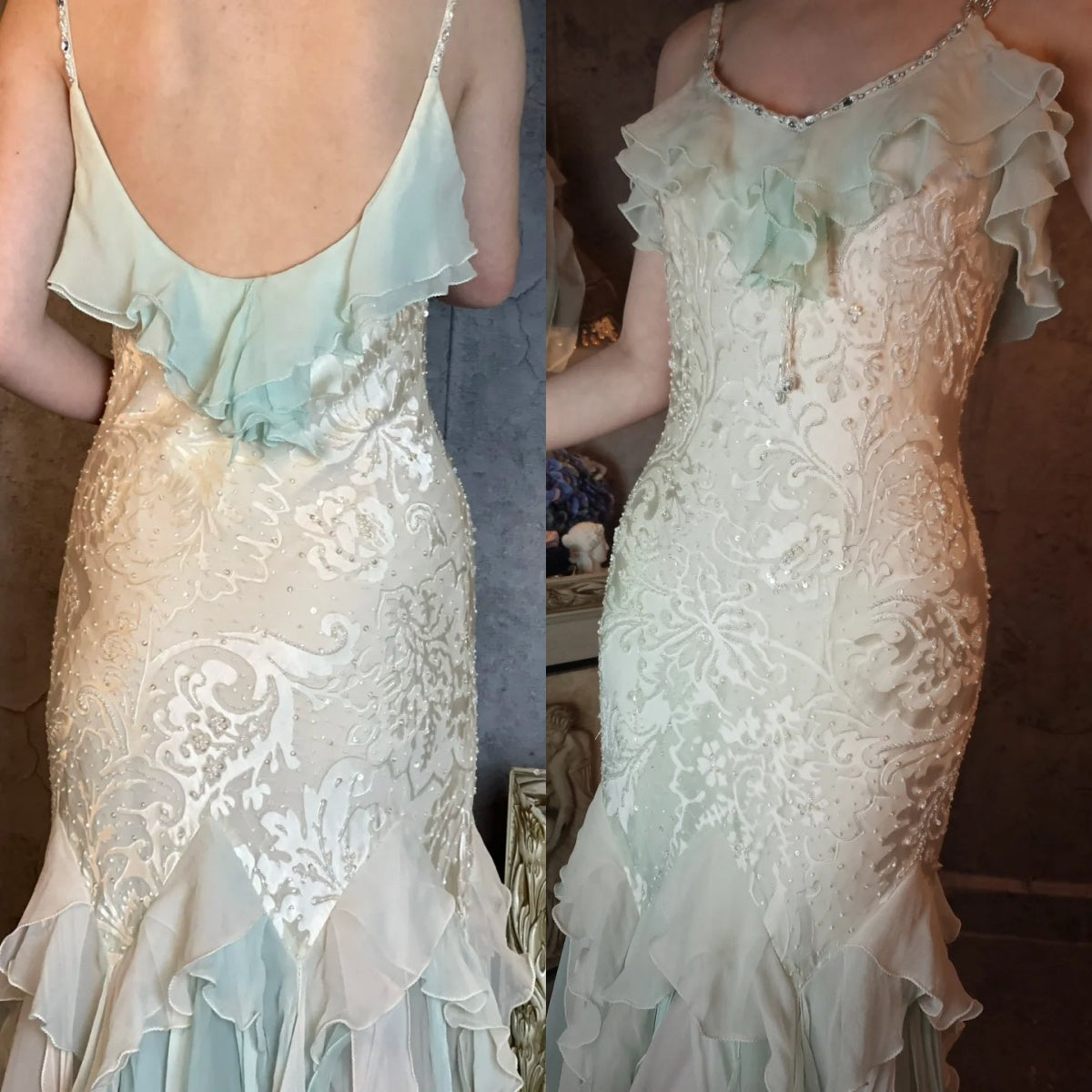 Romantic Vintage Mint Green Chiffon Mermaid Beadwork Long Prom Dress Ruffled Fairytale Graduation Dress ED01725