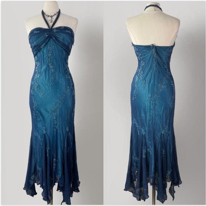 Vestidos de fiesta largos de gasa azul vintage, elegantes vestidos de fiesta con cuentas ED01743