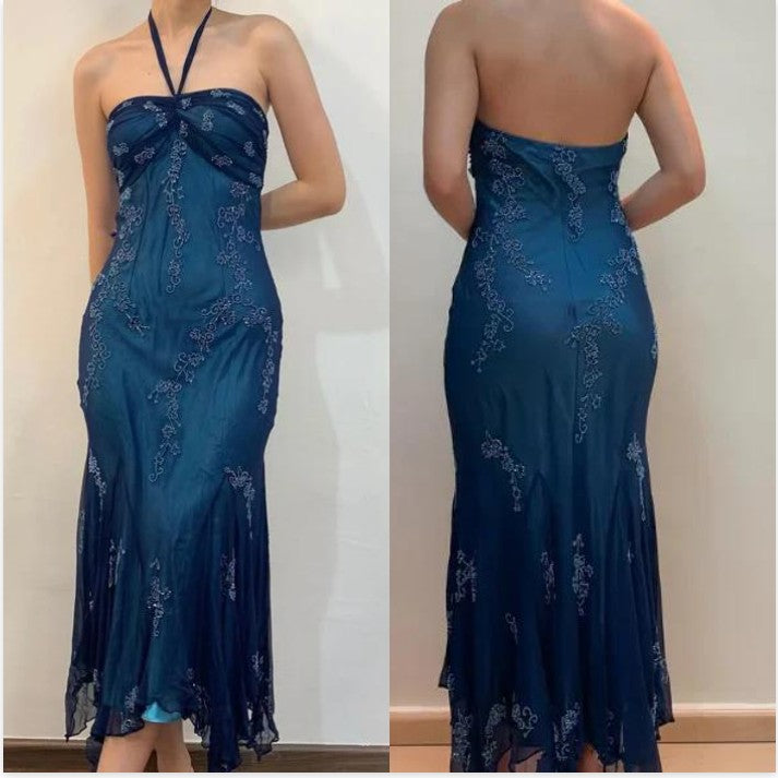 Vestidos de fiesta largos de gasa azul vintage, elegantes vestidos de fiesta con cuentas ED01743
