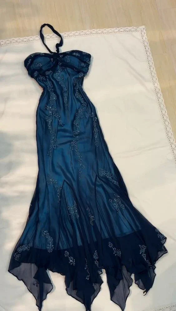 Vestidos de fiesta largos de gasa azul vintage, elegantes vestidos de fiesta con cuentas ED01743