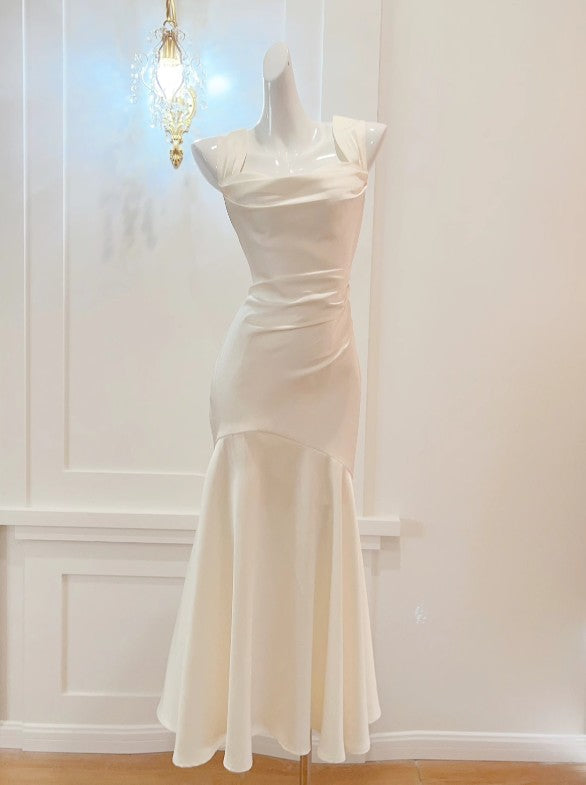 Elegante vestido de fiesta de satén blanco con escote cuadrado y corte sirena, vestido de cumpleaños ED01759