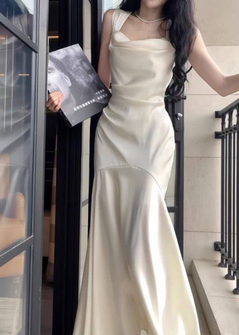 Elegante vestido de fiesta de satén blanco con escote cuadrado y corte sirena, vestido de cumpleaños ED01759