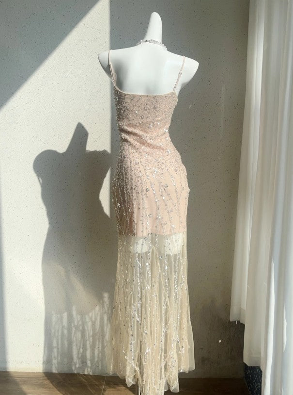 Flesh Pink Spaghetti Strap Mermaid Tulle Sequined Prom Dress Birthday Dress ED01771