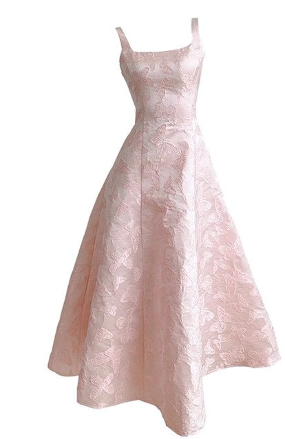 Vestido de fiesta de satén rosa con bordado de mariposas vintage, corte A, para cumpleaños, ED01772
