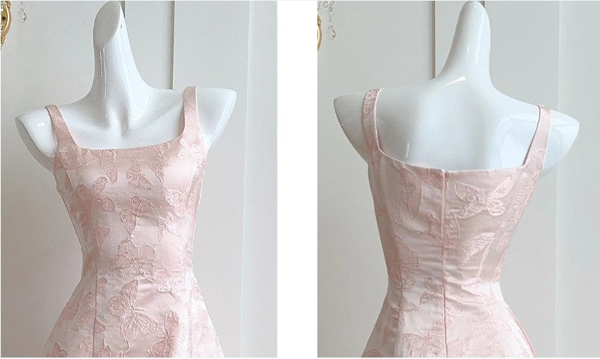 Vestido de fiesta de satén rosa con bordado de mariposas vintage, corte A, para cumpleaños, ED01772