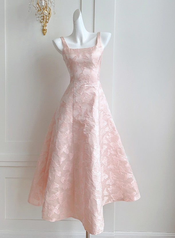 Vestido de fiesta de satén rosa con bordado de mariposas vintage, corte A, para cumpleaños, ED01772