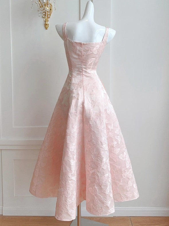 Vestido de fiesta de satén rosa con bordado de mariposas vintage, corte A, para cumpleaños, ED01772