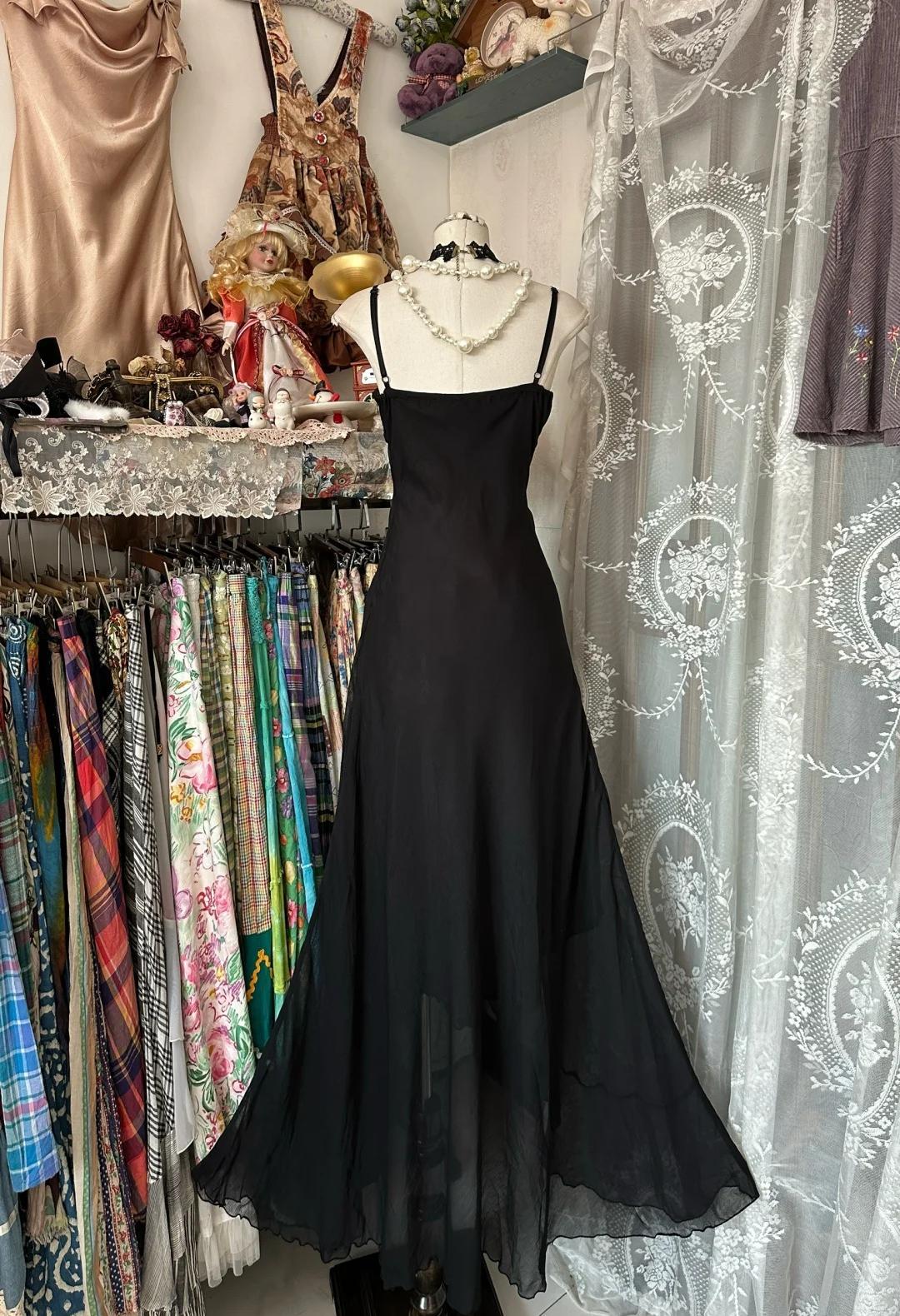 Vestidos de fiesta largos vintage de gasa negra con tirantes finos